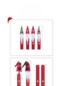 Detail view of festive gnome wine bottle covers with dimensions and varied patterns