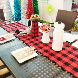 Christmas table runner set with red black buffalo plaid cloth and wine bottle covers
