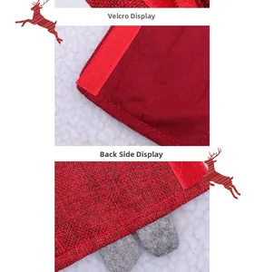 Detailed view of Christmas Rudolf fridge handle cover with velcro closure and red burlap fabric