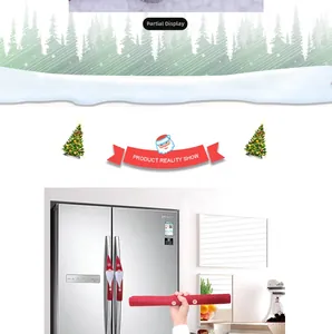 Detail of red fabric Christmas fridge handle covers with Santa and elf figures