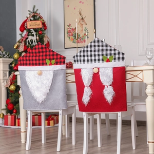 Christmas Gnome Chair Back Covers Red Grey Plaid Hat Faceless Doll Decorations For Xmas Holiday Dining Room Home Party Decor