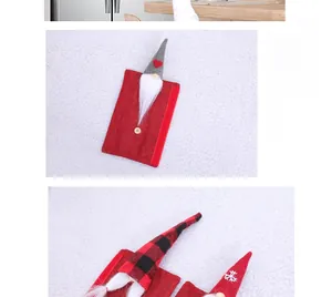 Close-up of Christmas gnome refrigerator handle covers in red tweed with snowflake details