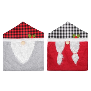 Christmas gnome chair back covers with festive plaid hats and plush faux fur beards