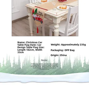 Chemin de table de Noël en lin avec pompons rouges et motifs de camions festifs