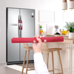 Red fabric Christmas microwave handle cover with wooden buttons for kitchen appliance decor