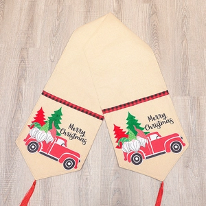 Chemin de table de Noël en lin avec motifs de nains, camion rouge et pompons rouges