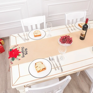 Linen Christmas table runner with red poinsettia and Merry Christmas festive print