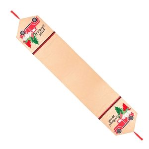 Chemin de table de Noël en lin avec pompons rouges, gnomes et motifs de camions