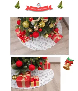 Detail of white plush Christmas tree skirt with iridescent snowflake sequin embroidery