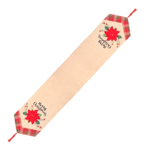 Christmas burlap table runner with red plaid border and festive poinsettia print
