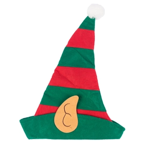 Christmas elf hat with red and green stripes, pointed ears and white plush pompom on top