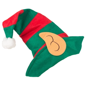 Elf Christmas hat with red and green stripes and soft plush ears for holiday parties