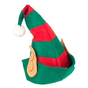 Christmas elf hat with red and green stripes, featuring pointed ears and a white fluffy pompom