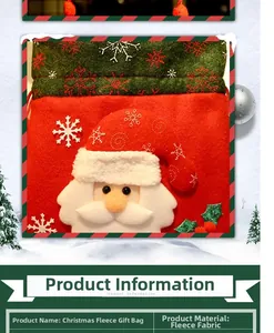 Détail du sac cadeau de Noël en tissu brossé rouge et vert avec applique Père Noël 3D