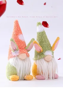 Detail of plush Easter gnomes with rabbit ears and soft beards among rose petals