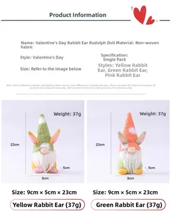 Detail showing 9x5x23cm dimensions and non-woven fabric of Easter bunny gnomes