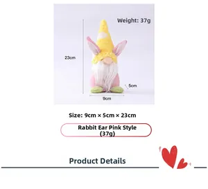 Detailed dimension chart showing a 23cm pink Easter bunny gnome with yellow polka dot hat