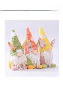 Detailed set of three Easter gnome plush dolls with rabbit ears and polka dot hats