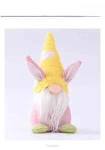 Detailed close-up of a plush Easter gnome with bunny ears and a yellow polka dot hat