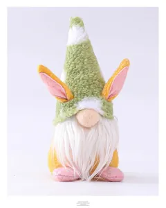 Detail of Easter gnome featuring a green polka dot rabbit ear hat and white fiber beard