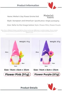 Detailed size specifications for flower gnome plush toys with pink and purple hats