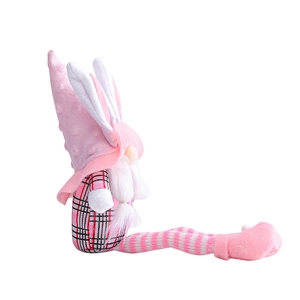 Pink long-legged Easter gnome plush with bunny ears and knit details for home decor