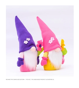 Detail view of handmade flower gnome plush set with soft felt and white flower accents