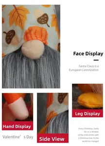 Close-up details of autumn harvest gnome featuring grey beard and pumpkin leaf print