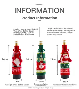 Detail view of knitted Christmas wine bottle covers with dimensions 11cm by 24cm