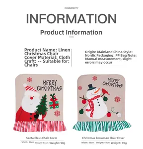 Linen Christmas chair cover with Santa and Snowman embroidery and striped ruffled edges
