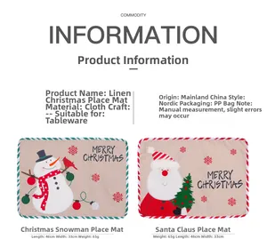 Detailed view of Santa and Snowman embroidery on linen Christmas placemats, 46x33cm size