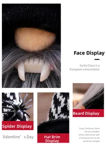 Detail view of Halloween gnome featuring black spider decor and classic fangs with grey beard