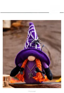 Detail of Halloween gnome with purple knit hat, orange braids and spider charm on wood