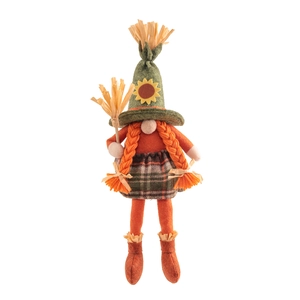 Fall gnome plush doll with sunflower green hat, orange braids and hay broom decoration