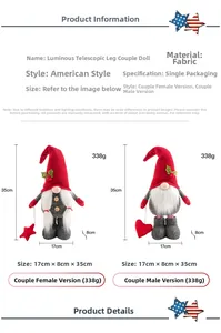 Detailed size chart for glowing Christmas gnomes with fabric texture and height measurements