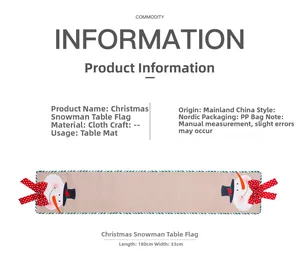 Detailed size chart showing 180x33cm linen Christmas table runner with snowman embroidery