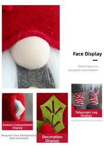 Detail view of telescopic legs and battery box on glowing Christmas gnome plush decor