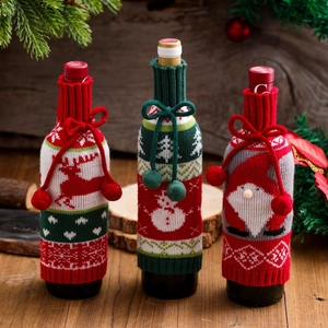 Christmas Knitted Wine Bottle Cover Bow Pom Pom Reindeer Snowman Santa Claus Bottle Sweater Holiday Table Decoration Ornaments