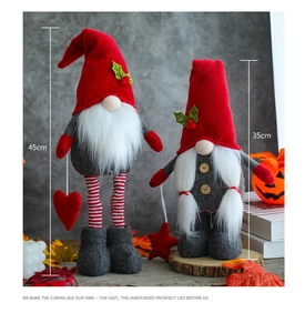 Detail showing two sizes of 35cm and 45cm plush Christmas gnomes with holiday decorations