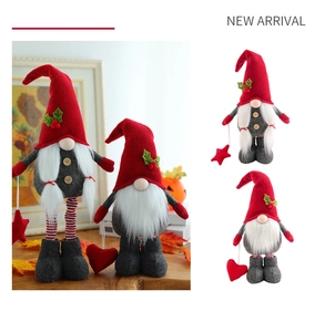 Detail of glowing Christmas gnomes with retractable striped legs and starry accents