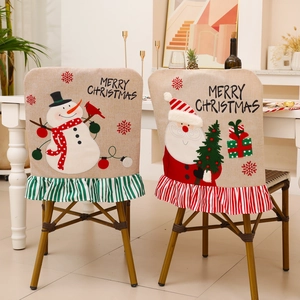 Merry Christmas Chair Cover Linen Fabric Santa Claus Snowman Applique Ruffle Striped Hem Festive Dining Room Decoration
