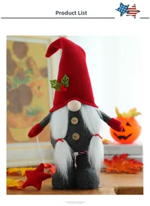 Detail of a Christmas gnome doll with braided beard holding a red star ornament