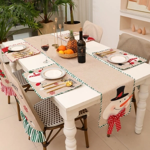 Embroidered Christmas table runner set with snowman placemats and chair covers