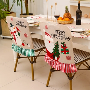 Embroidered linen Christmas chair covers with Santa Claus and Snowman cartoon patterns