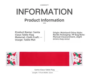 Detailed view of red Santa Claus table runner featuring Merry Christmas text and embroidery