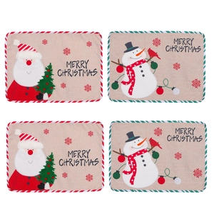 Set of 4 Christmas placemats with embroidered Santa and Snowman on linen-textured fabric