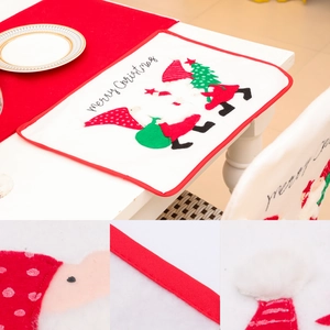 Christmas gnome table placemat and chair cover set with red embroidery and Merry Christmas text
