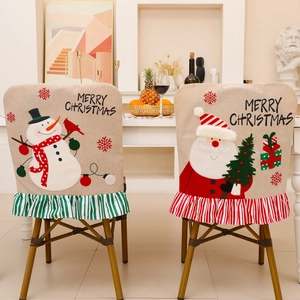 Christmas chair covers set with Santa and Snowman embroidery on burlap fabric
