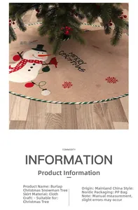 Dettaglio del tappeto per albero di Natale in iuta con pupazzo di neve e motivi festivi