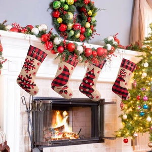 Grande Calza di Natale in Tessuto Buffalo Plaid Ricamato Alce Fiocco di Neve Albero Decorazione Appendibile per Camino Casa Festa